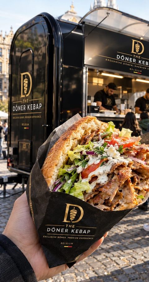 Broodje döner in een zakje van The Döner Kebap, vastgehouden voor een foodtrailer
