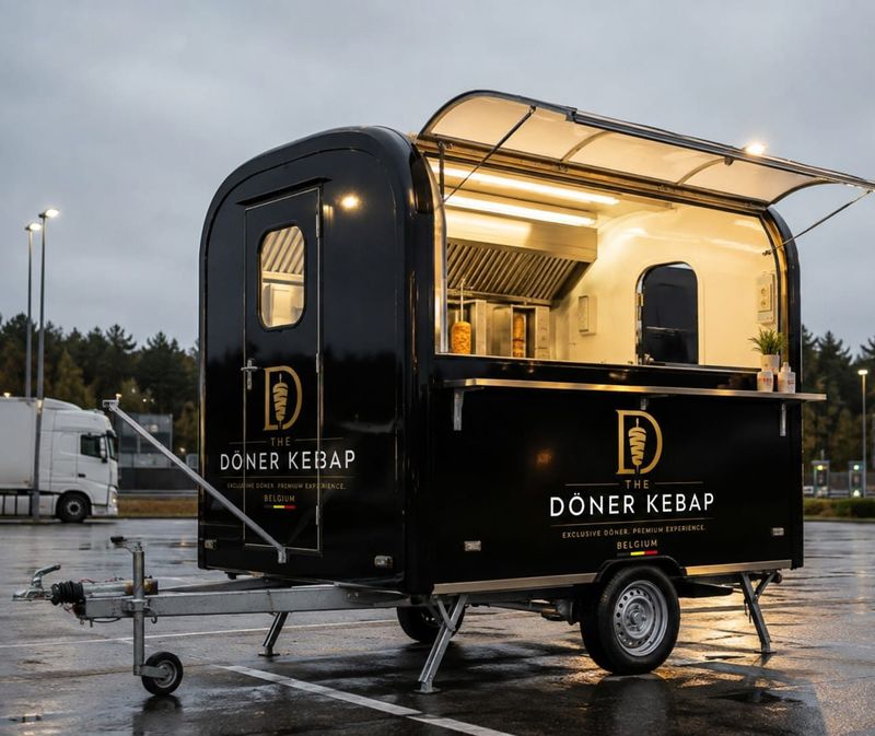 Zwarte foodtrailer met open luik op een parking bij schemer