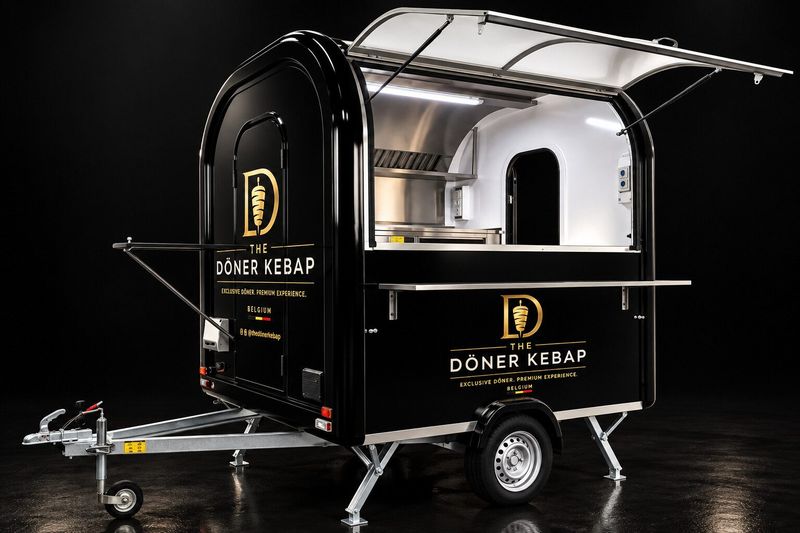 Zwarte foodtrailer met goudkleurig logo en open luik tegen een donkere achtergrond